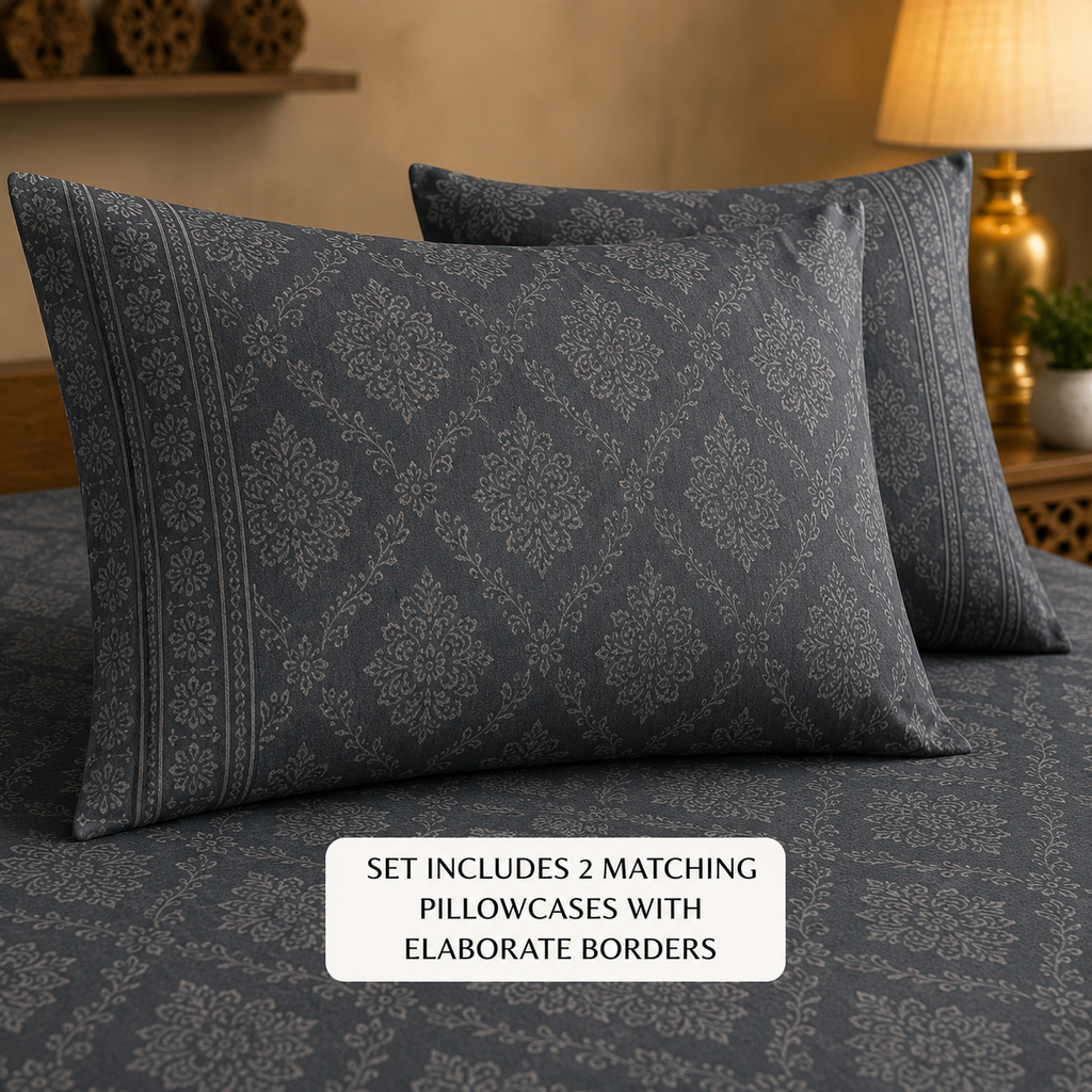 Madhavam Handlooms Grey Floral Damask Printed Cotton Bedsheet with 2 Pillow Covers