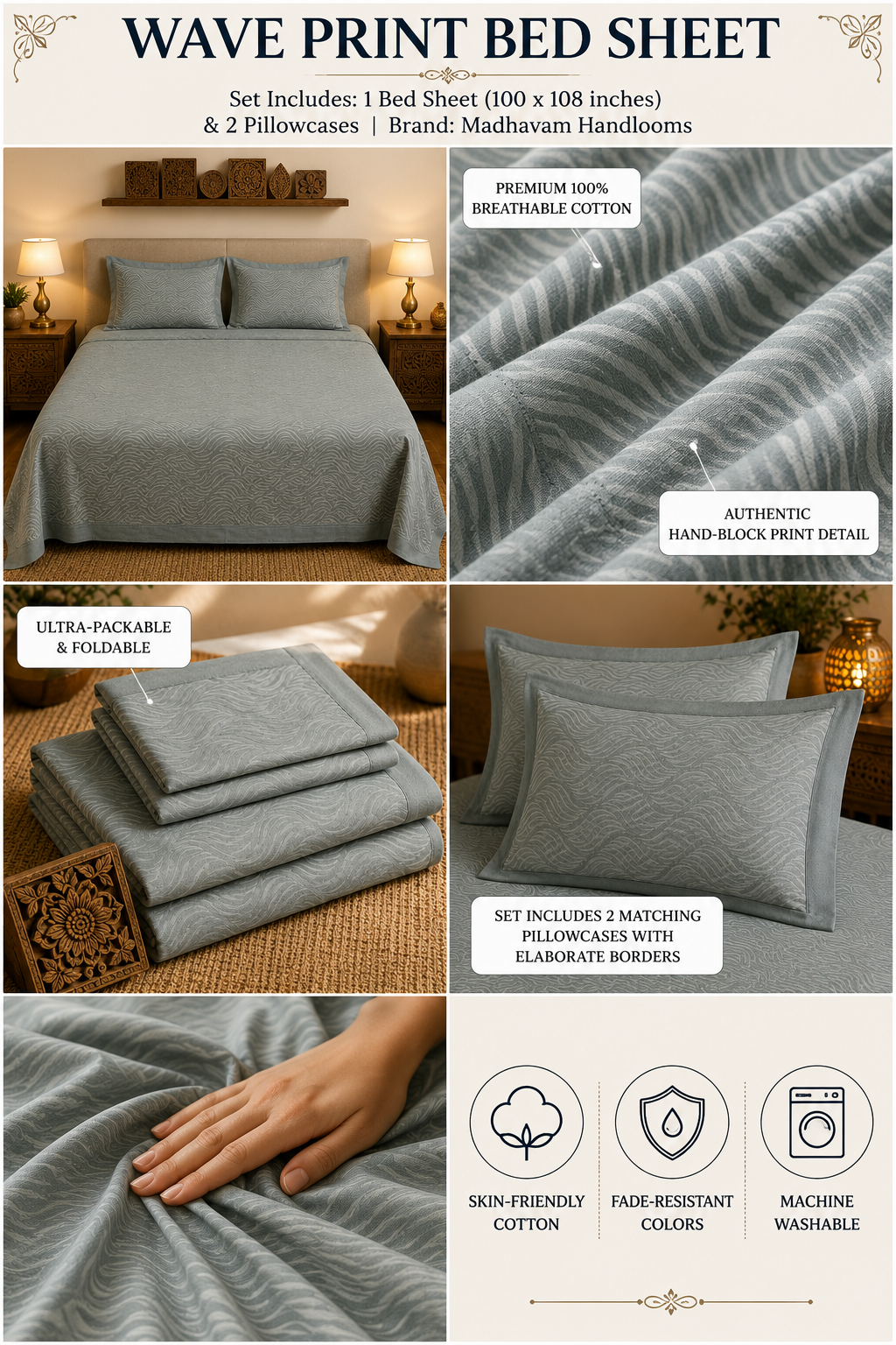 Sage Green Textured Handwoven Bedsheet - Premium Cotton with Wave Pattern