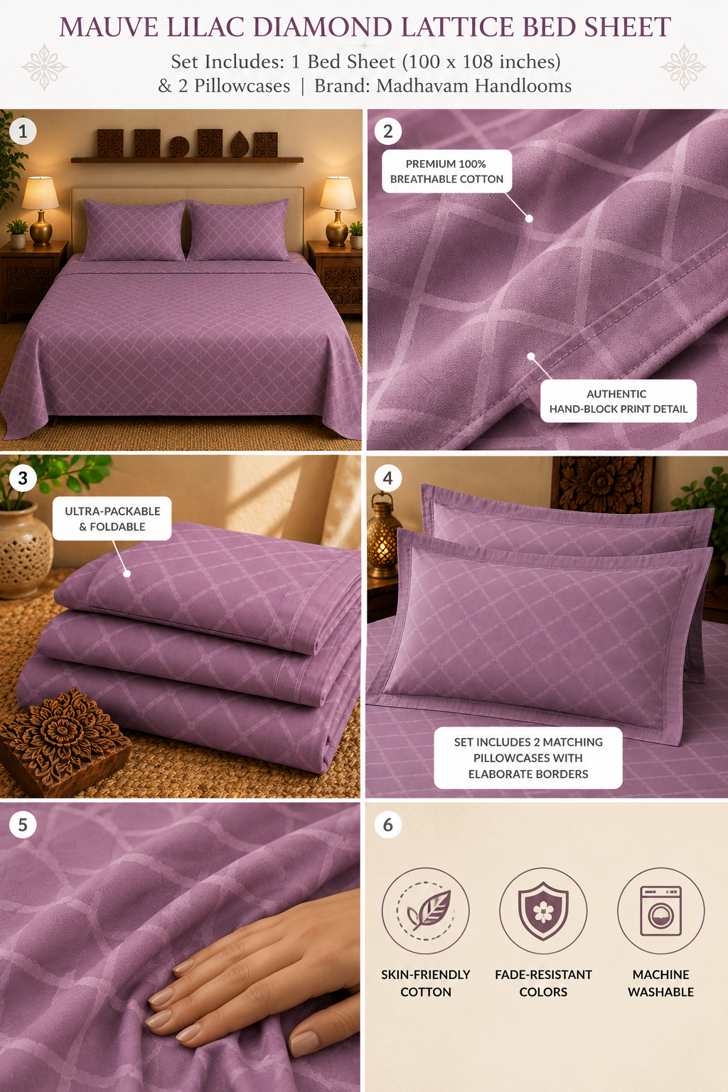 Mauve Quilted Handloom King Bedsheet Set | Premium Sanganeri Comfort Collection