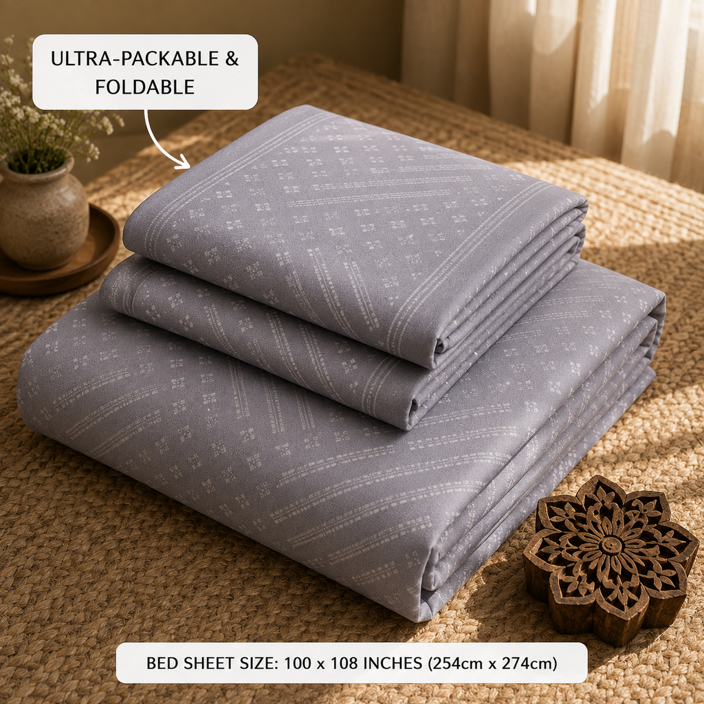 Madhavam Handlooms Elegant Grey Geometric Printed King Size Bedsheet Set