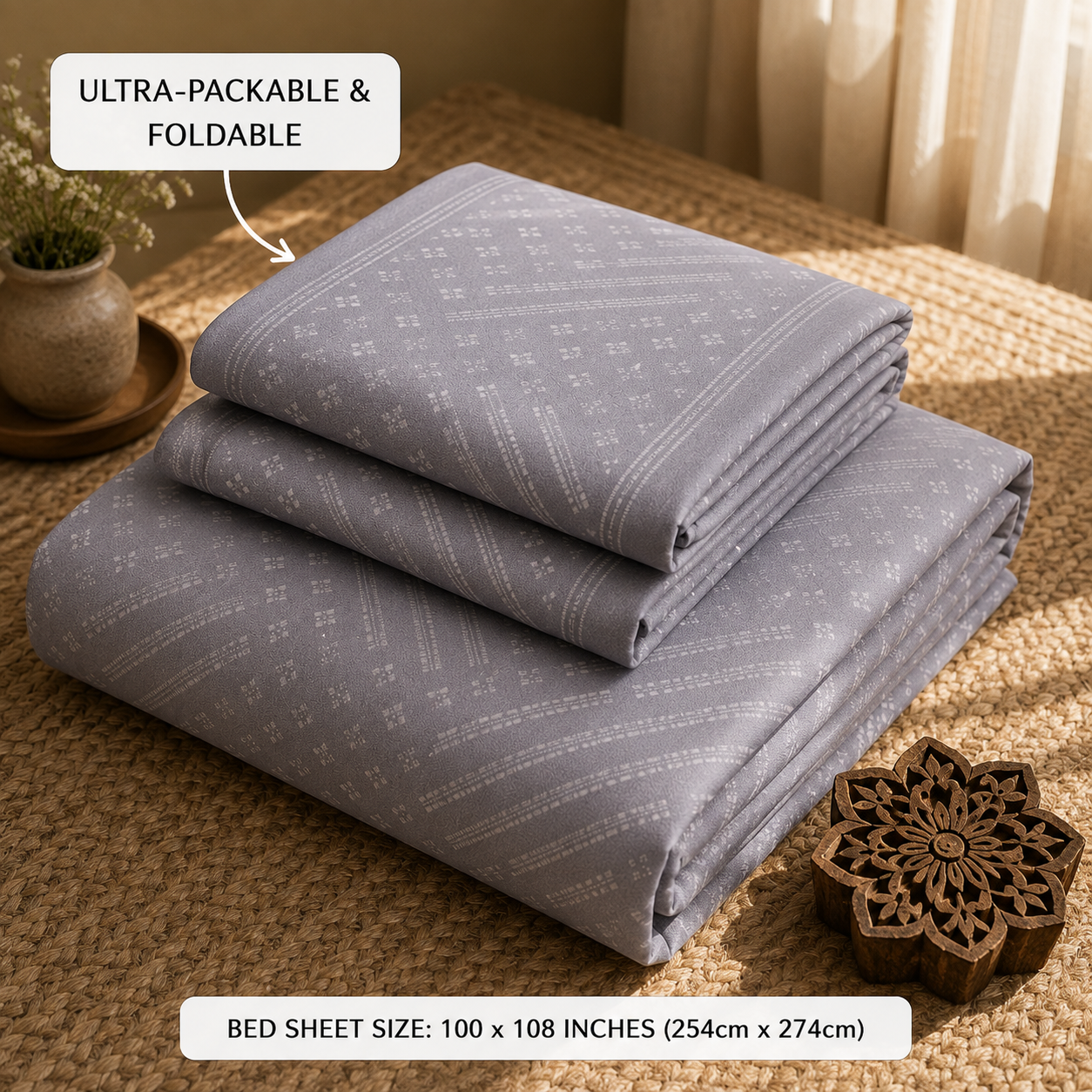 Madhavam Handlooms Elegant Grey Geometric Printed King Size Bedsheet Set
