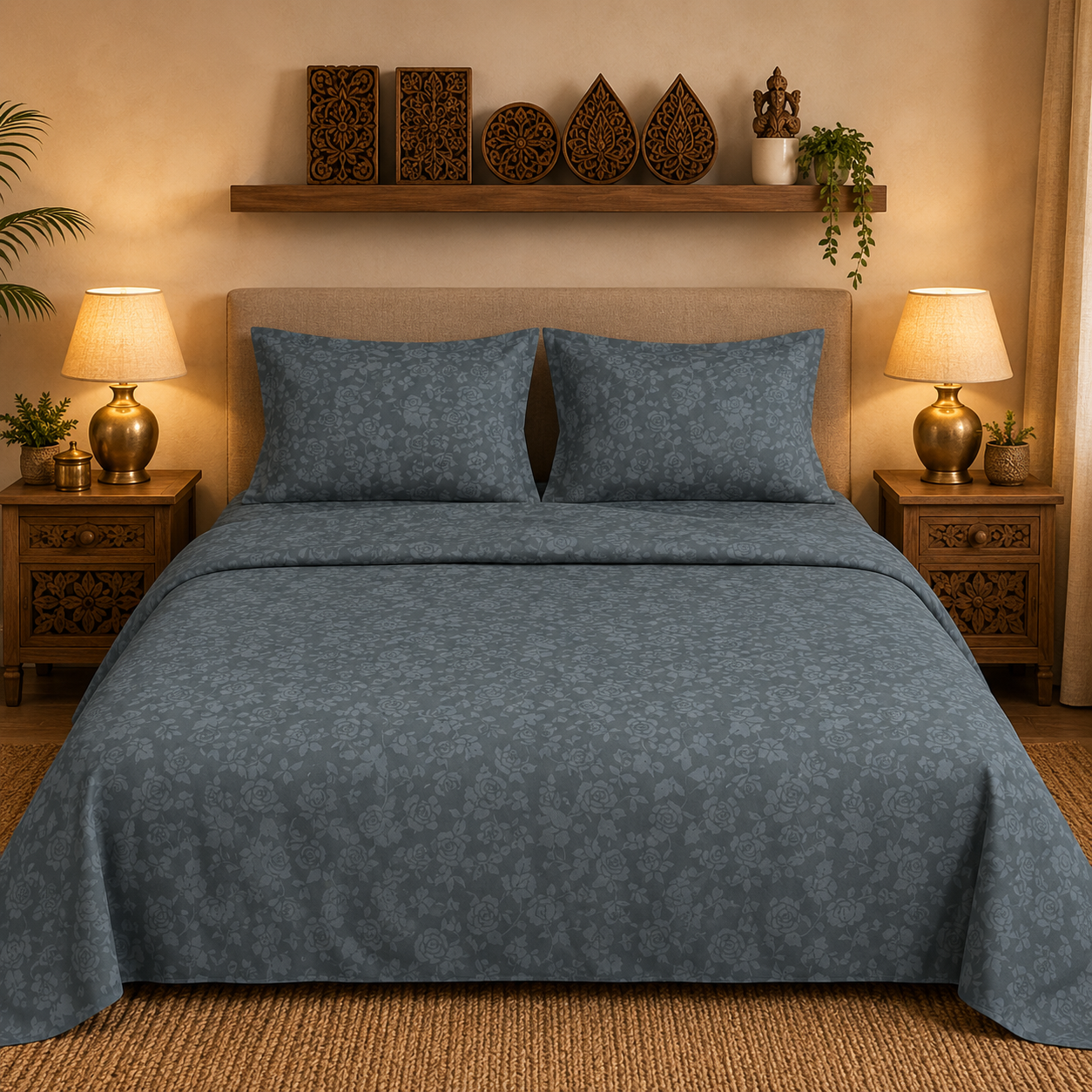 Slate Blue Floral Handloom King Bedsheet Set | Traditional Sanganeri Collection