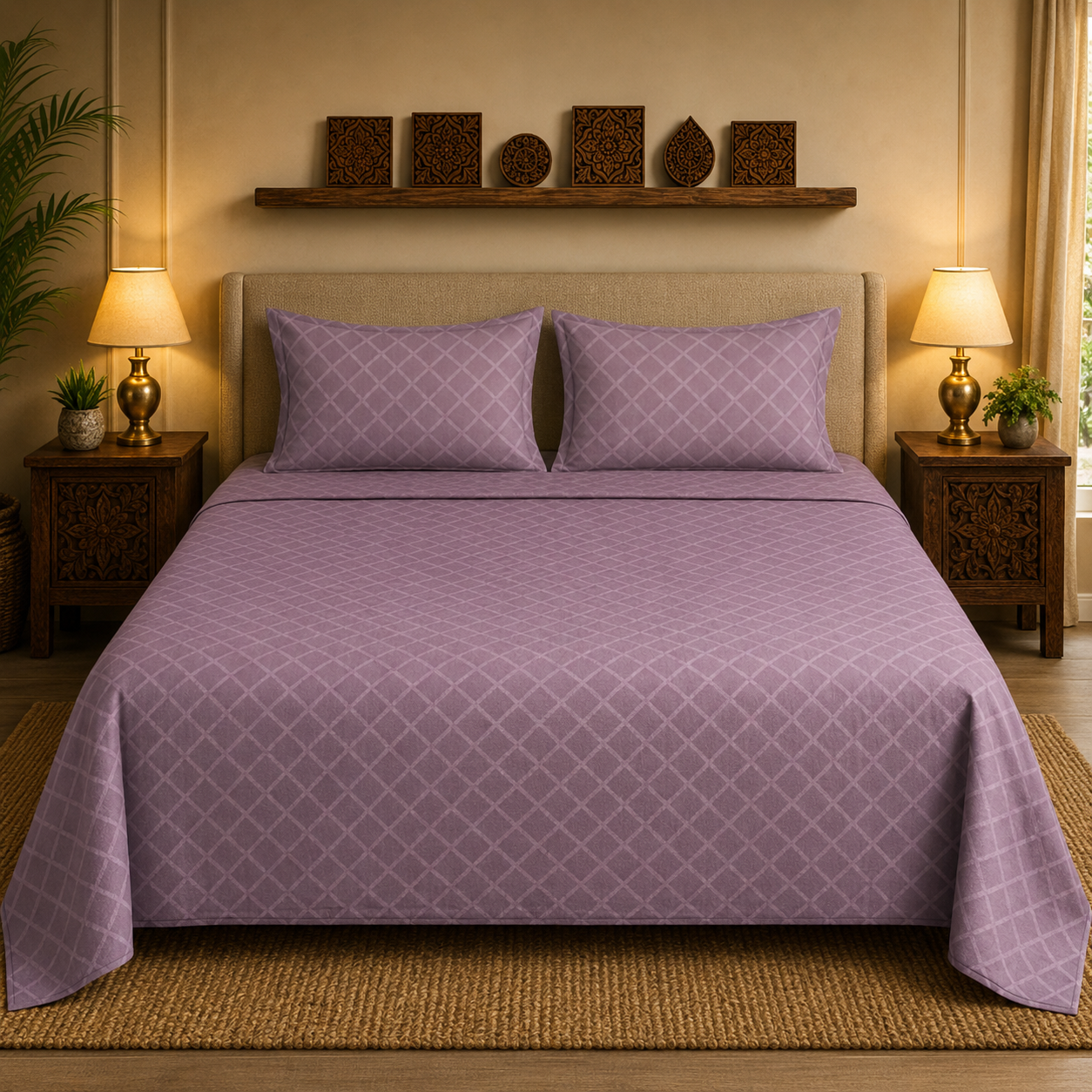 Mauve Quilted Handloom King Bedsheet Set | Premium Sanganeri Comfort Collection