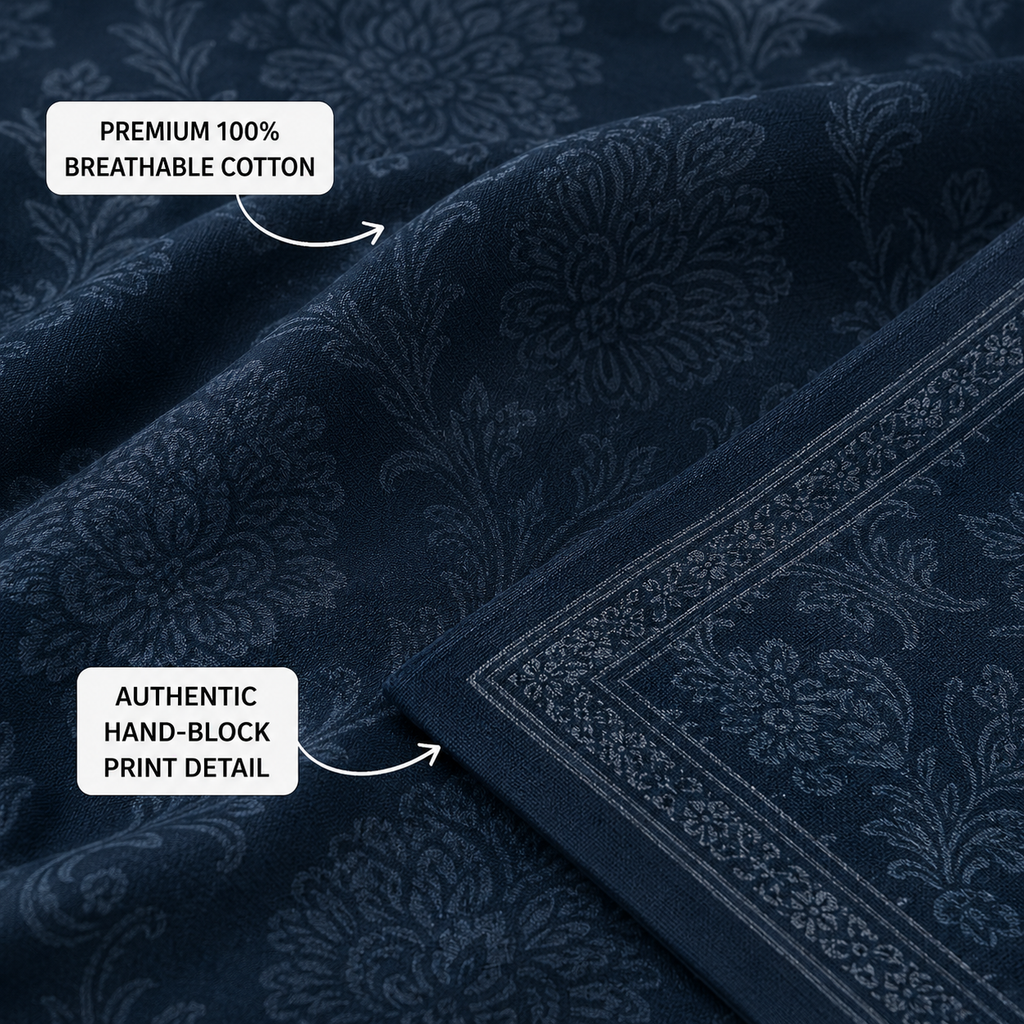Madhavam Handlooms Royal Navy Floral Jaipuri Pattern King Size Bedsheet