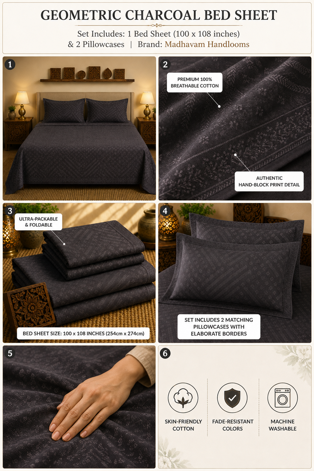 Madhavam Handlooms Charcoal Grey Textured Bedsheet | Premium Handwoven Cotton with Geometric Pattern
