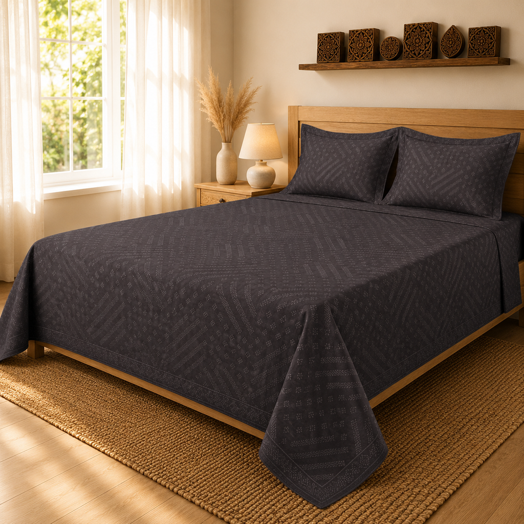 Madhavam Handlooms Charcoal Grey Textured Bedsheet | Premium Handwoven Cotton with Geometric Pattern