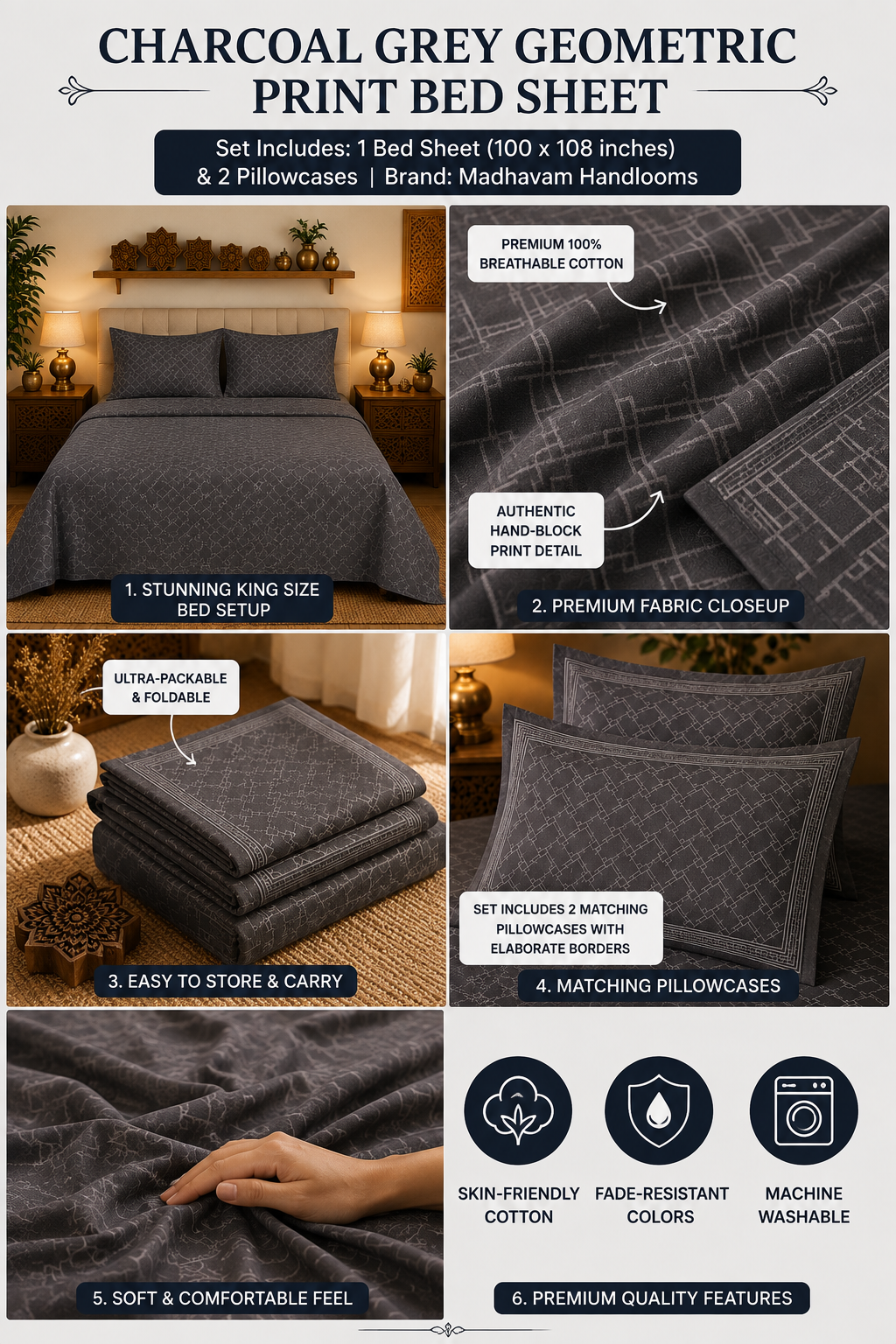 Madhavam Handlooms Charcoal Grey Geometric Print King Size Bedsheet