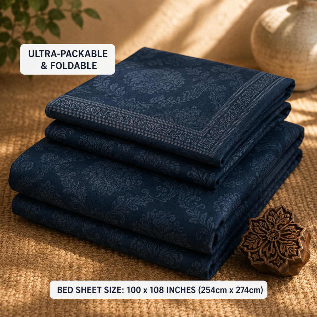 Madhavam Handlooms Royal Navy Floral Jaipuri Pattern King Size Bedsheet