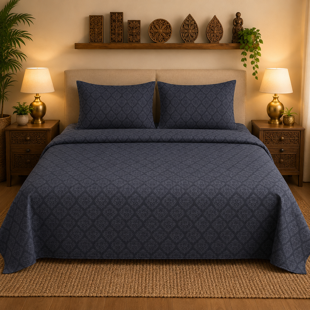 Navy Blue Diamond Handloom King Bedsheet Set | Contemporary Sanganeri Collection