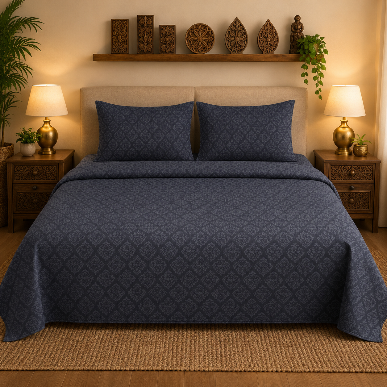 Navy Blue Diamond Handloom King Bedsheet Set | Contemporary Sanganeri Collection