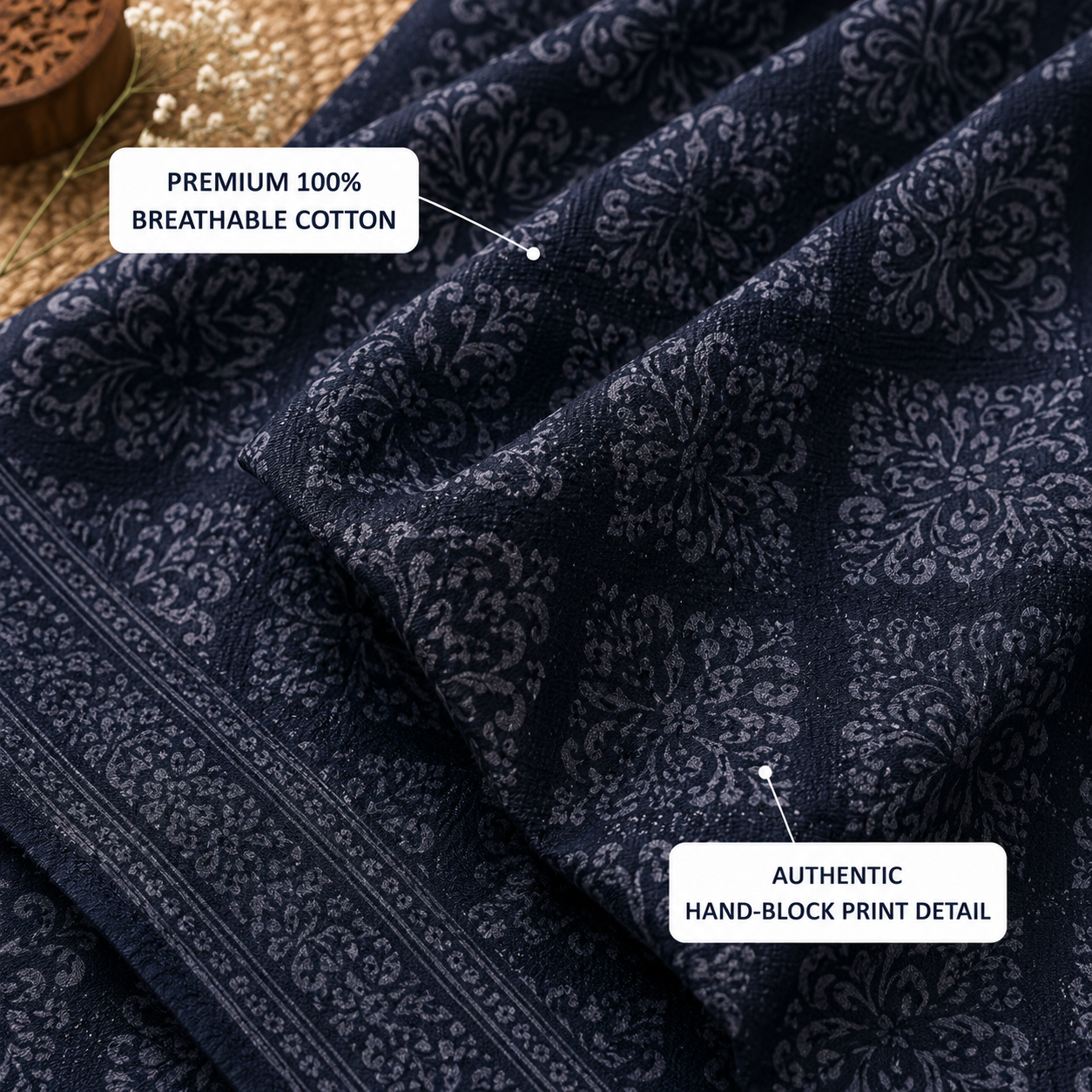 Navy Blue Diamond Handloom King Bedsheet Set | Contemporary Sanganeri Collection