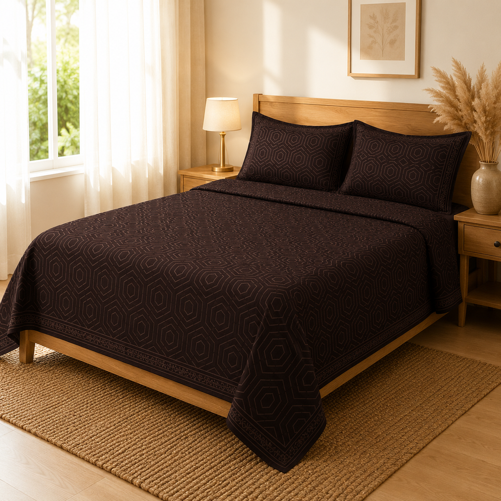 Madhavam Handlooms Brown Geometric Premium King Size Bedsheet Set