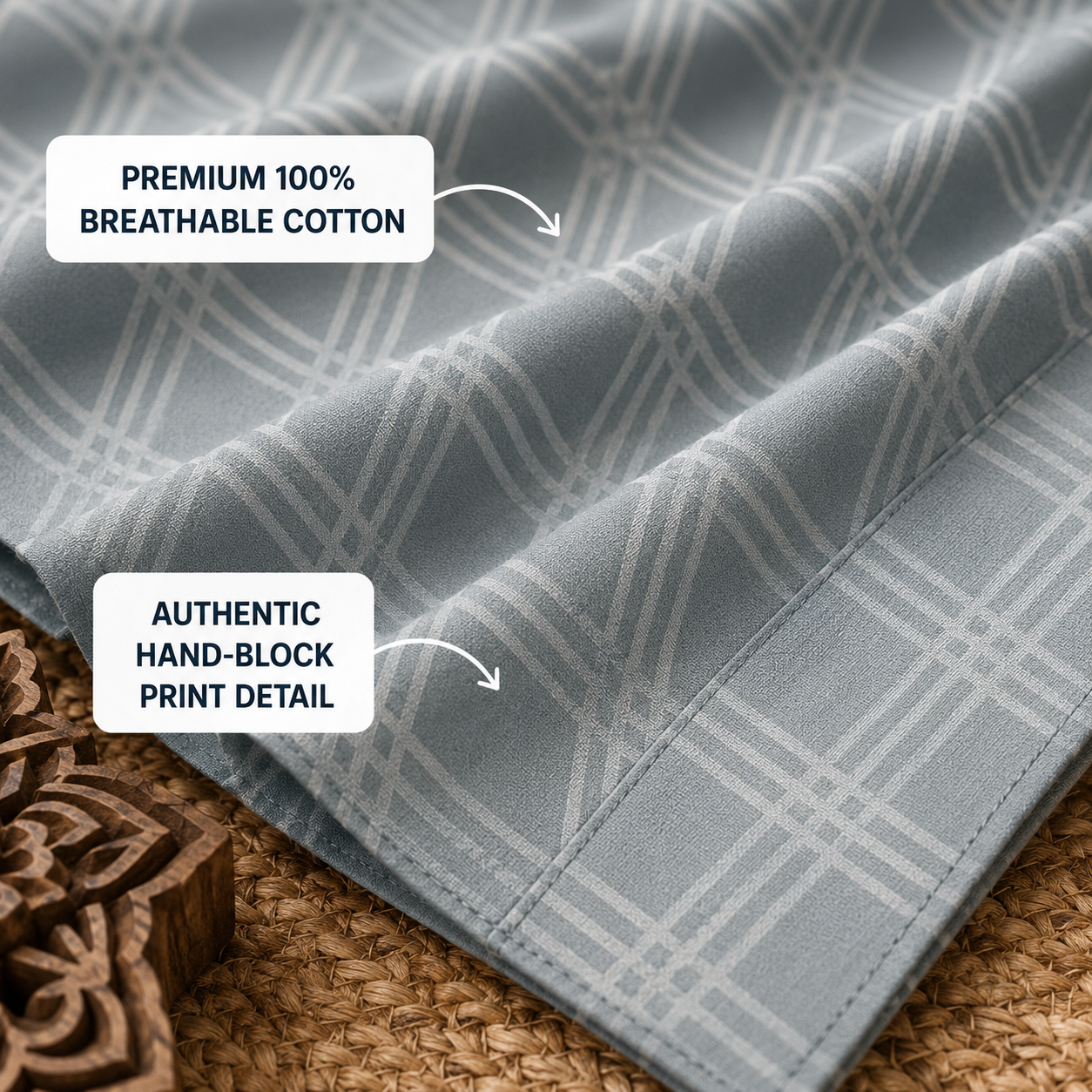 Madhavam Handlooms Slate Grey Geometric Print King Size Bedsheet Set
