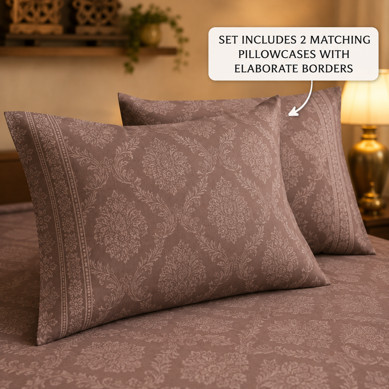 Taupe Damask Handloom King Bedsheet Set | Classic Sanganeri Collection