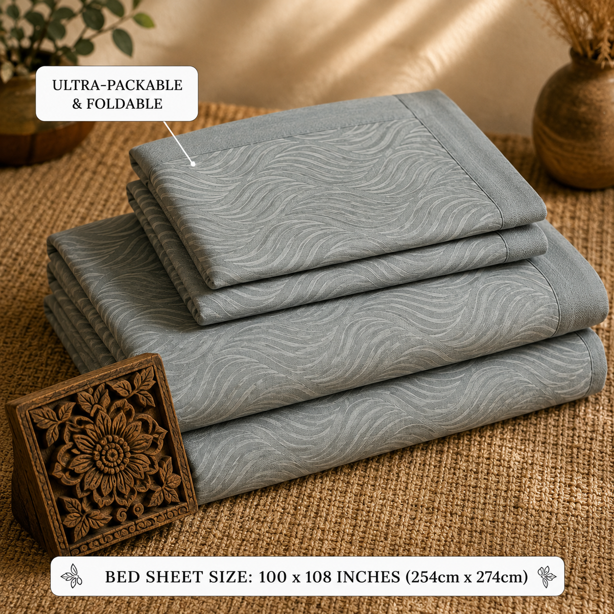 Sage Green Textured Handwoven Bedsheet - Premium Cotton with Wave Pattern