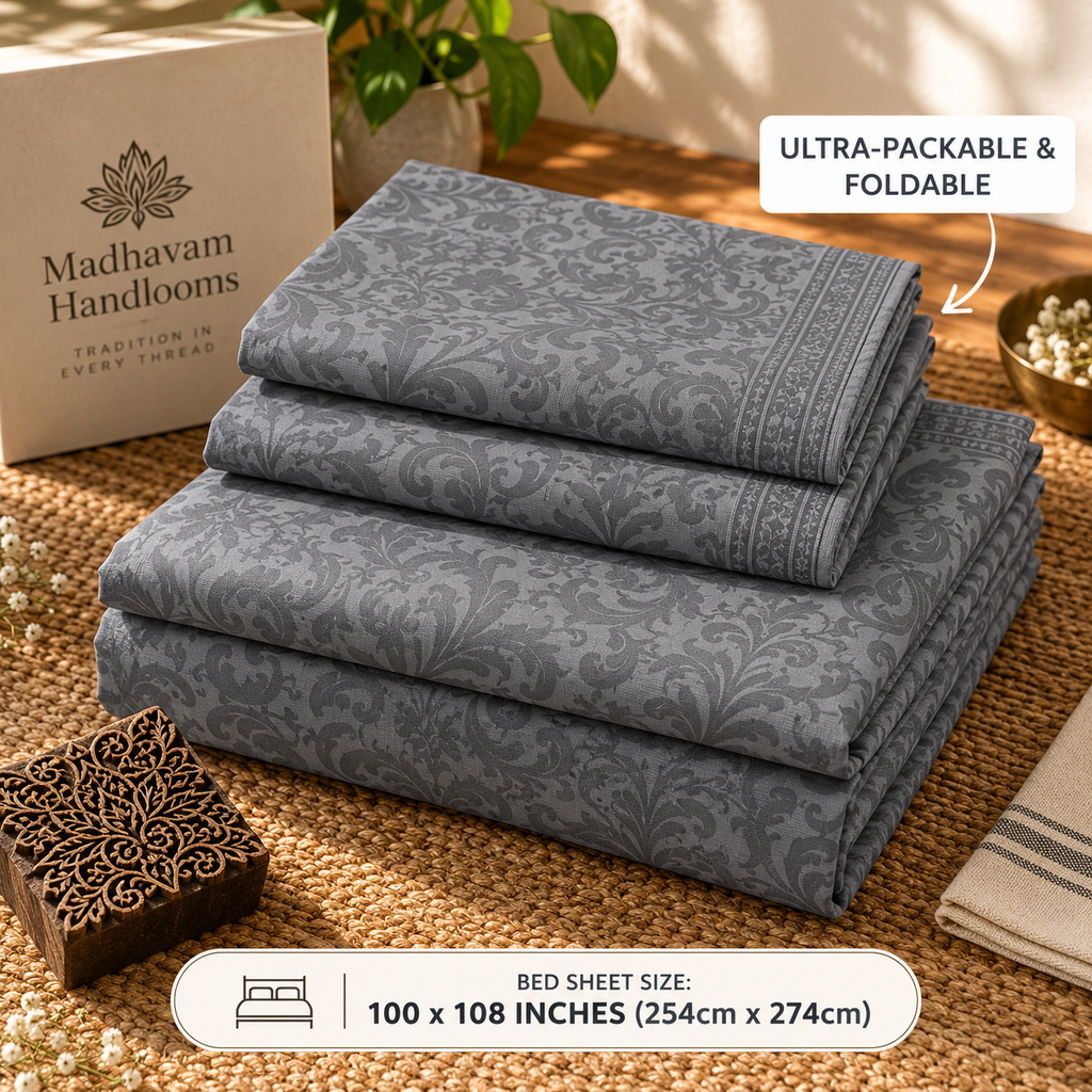 Charcoal Grey Damask Handloom King Bedsheet Set | Luxury Sanganeri Collection