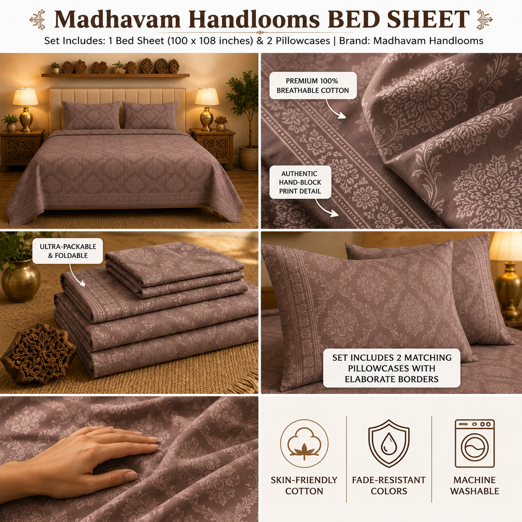 Taupe Damask Handloom King Bedsheet Set | Classic Sanganeri Collection