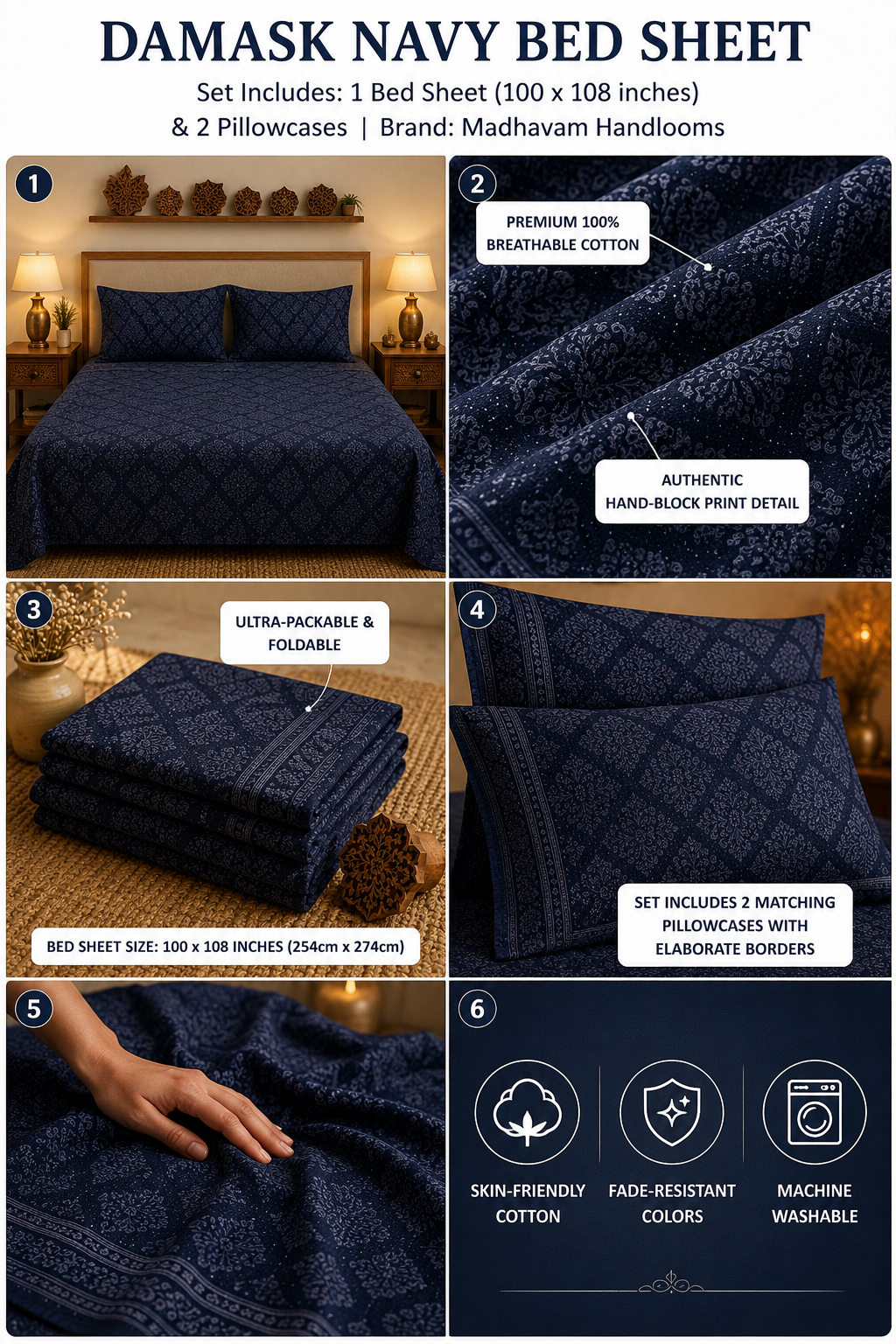 Navy Blue Diamond Handloom King Bedsheet Set | Contemporary Sanganeri Collection