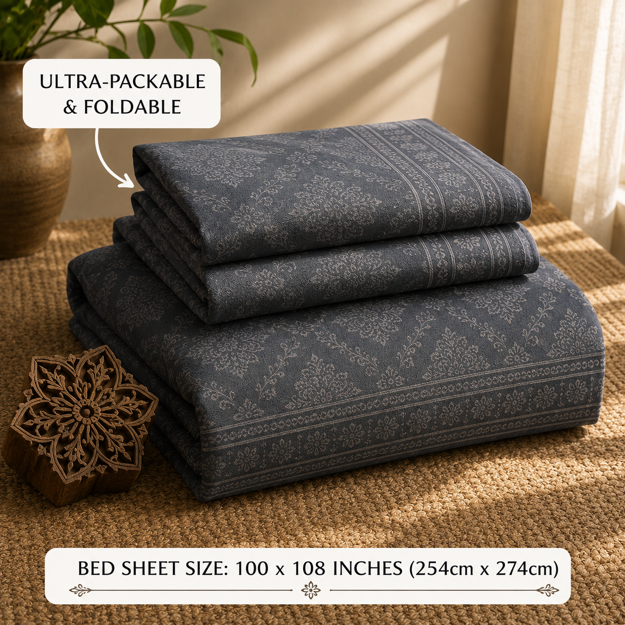 Madhavam Handlooms Grey Floral Damask Printed Cotton Bedsheet with 2 Pillow Covers