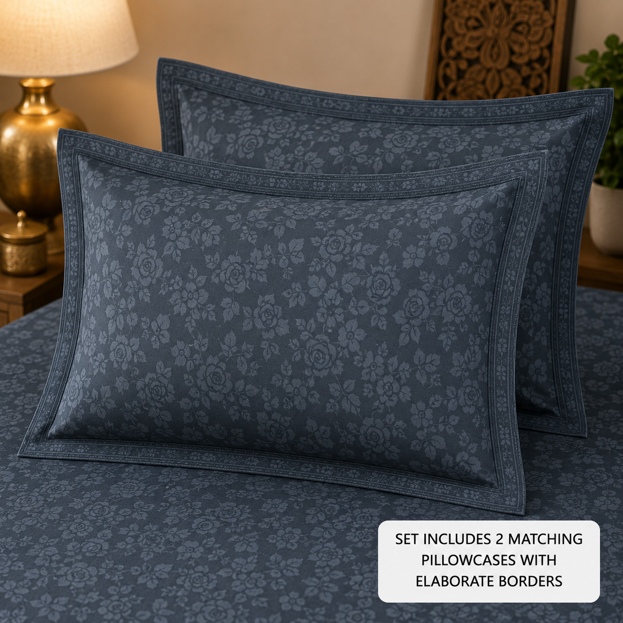 Slate Blue Floral Handloom King Bedsheet Set | Traditional Sanganeri Collection