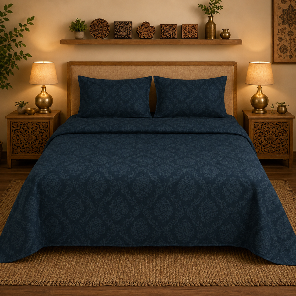 Madhavam Handlooms Royal Navy Floral Jaipuri Pattern King Size Bedsheet