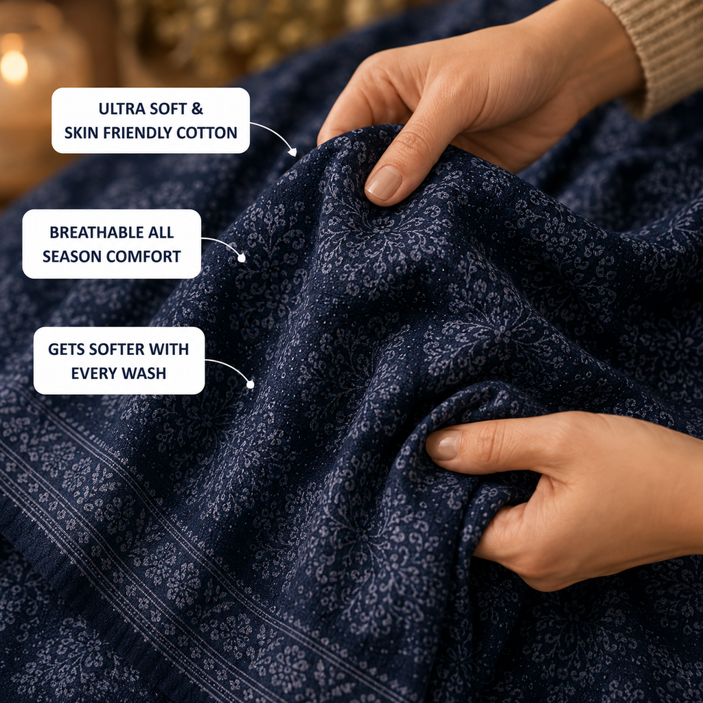 Navy Blue Diamond Handloom King Bedsheet Set | Contemporary Sanganeri Collection
