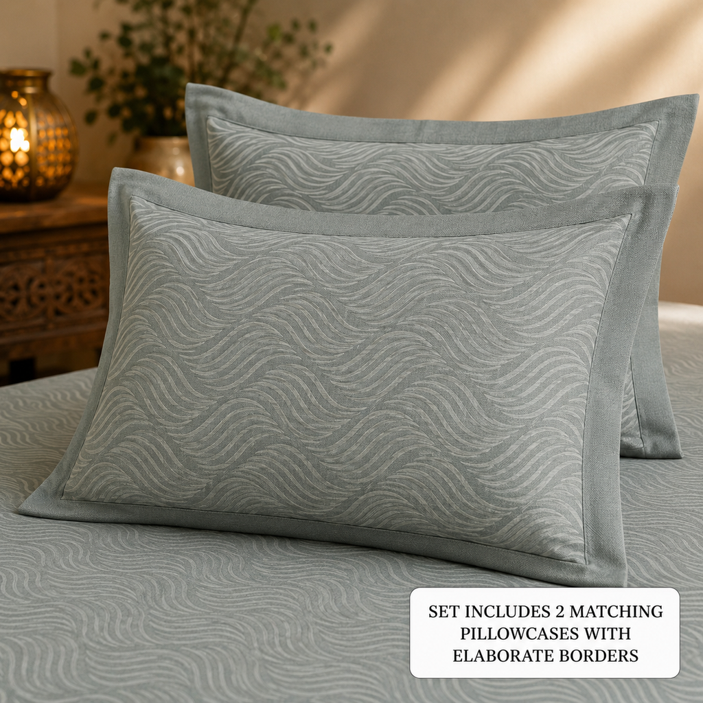 Sage Green Textured Handwoven Bedsheet - Premium Cotton with Wave Pattern