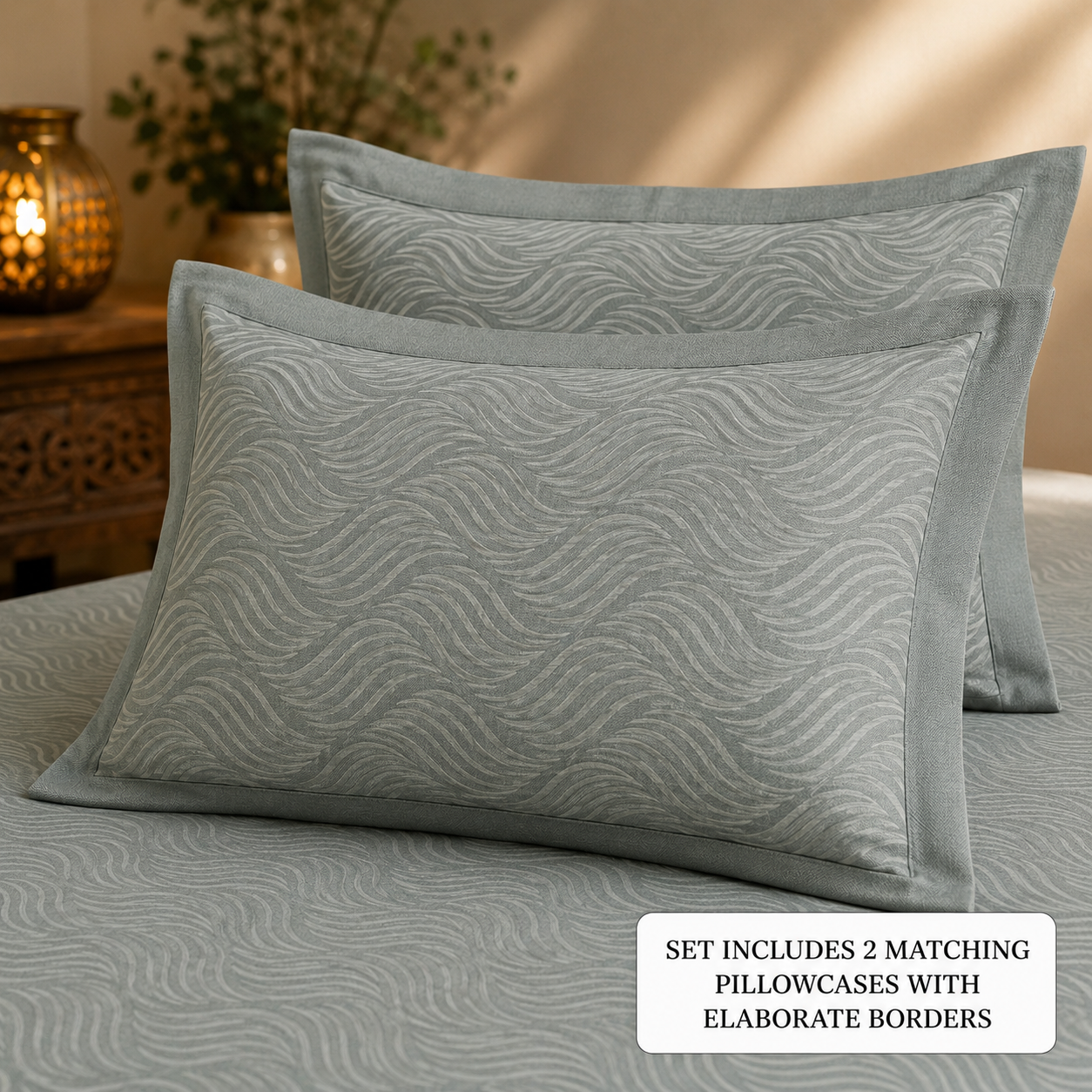 Sage Green Textured Handwoven Bedsheet - Premium Cotton with Wave Pattern