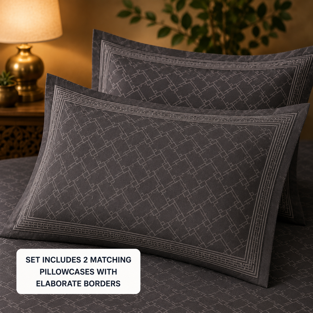 Madhavam Handlooms Charcoal Grey Geometric Print King Size Bedsheet