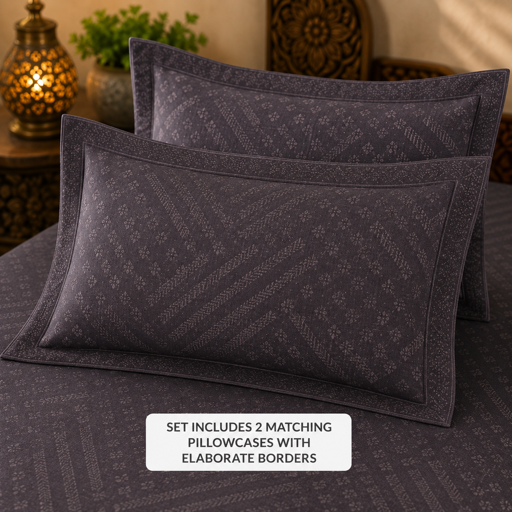 Madhavam Handlooms Charcoal Grey Textured Bedsheet | Premium Handwoven Cotton with Geometric Pattern