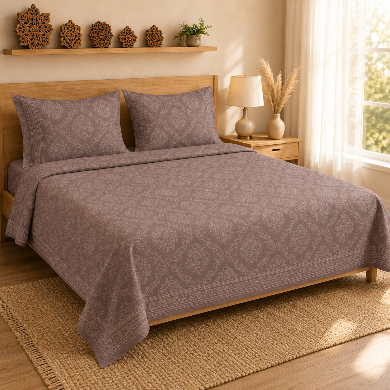 Taupe Damask Handloom King Bedsheet Set | Classic Sanganeri Collection
