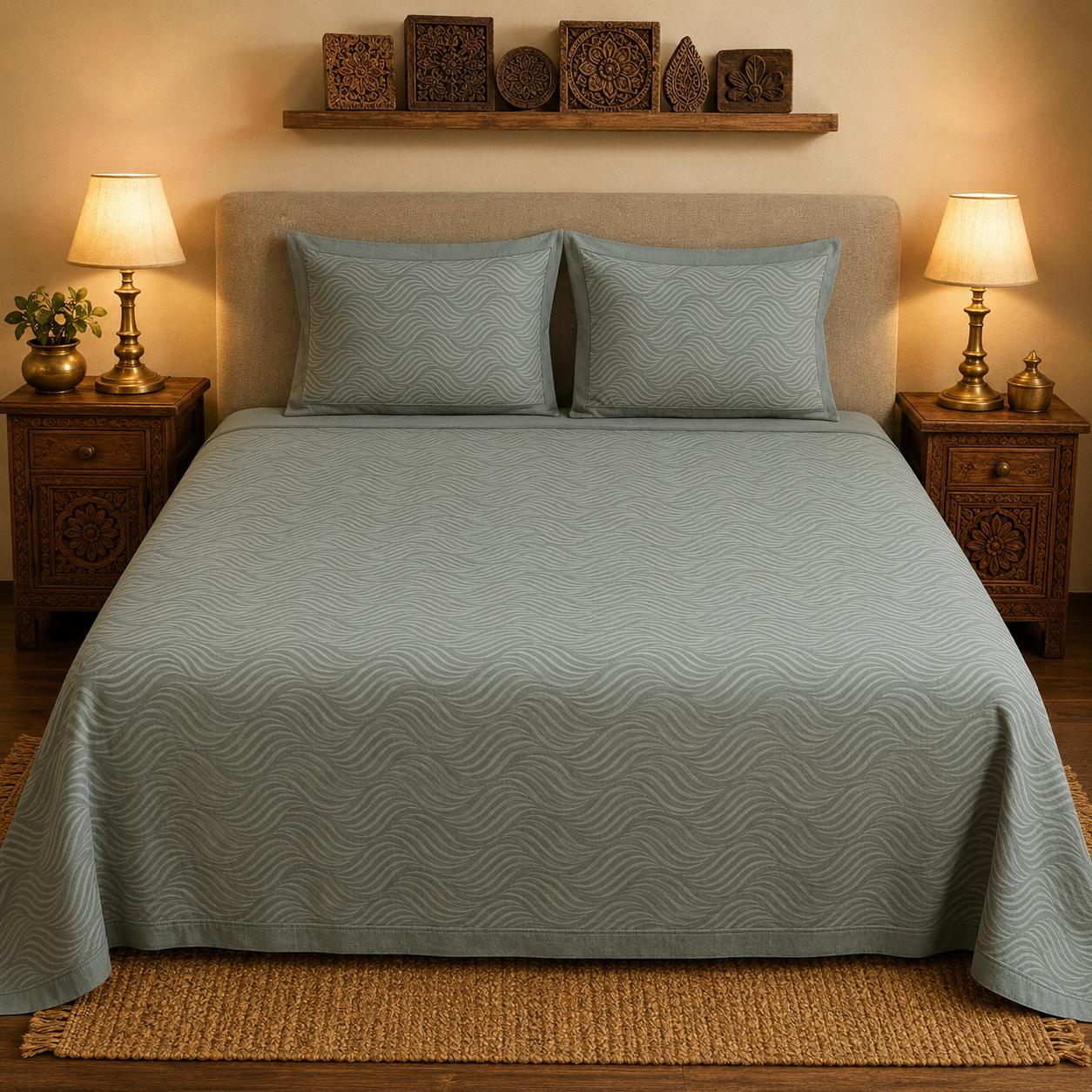 Sage Green Textured Handwoven Bedsheet - Premium Cotton with Wave Pattern
