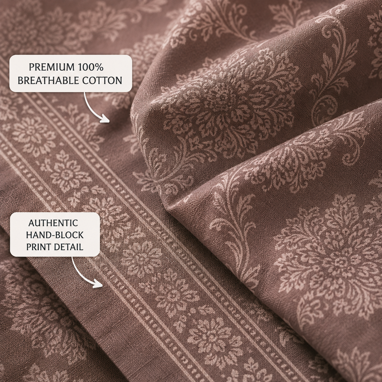 Taupe Damask Handloom King Bedsheet Set | Classic Sanganeri Collection