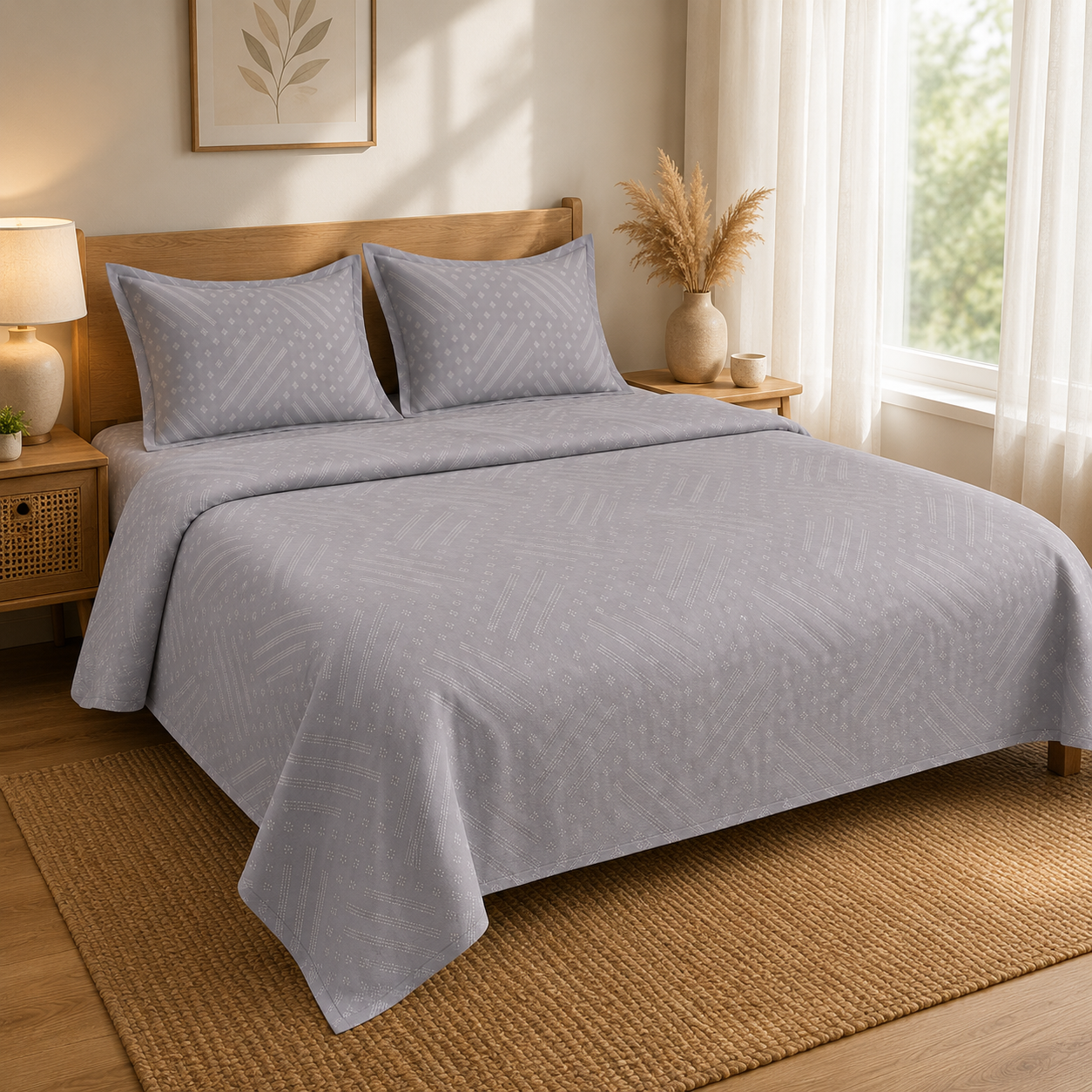 Madhavam Handlooms Elegant Grey Geometric Printed King Size Bedsheet Set