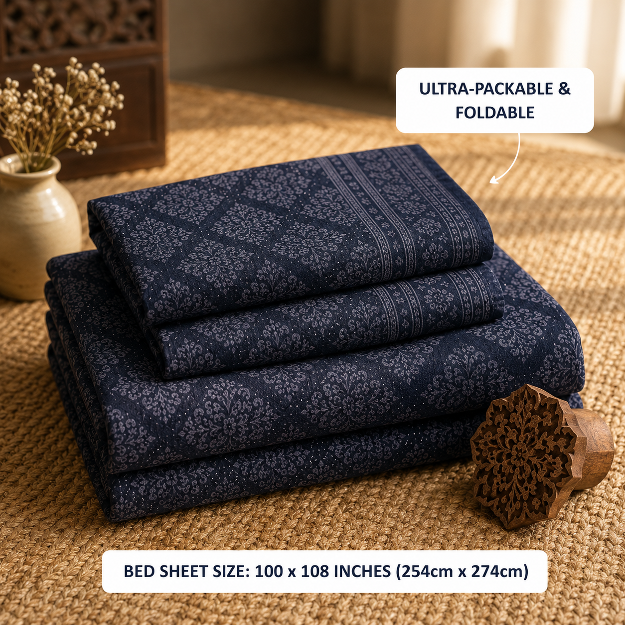Navy Blue Diamond Handloom King Bedsheet Set | Contemporary Sanganeri Collection