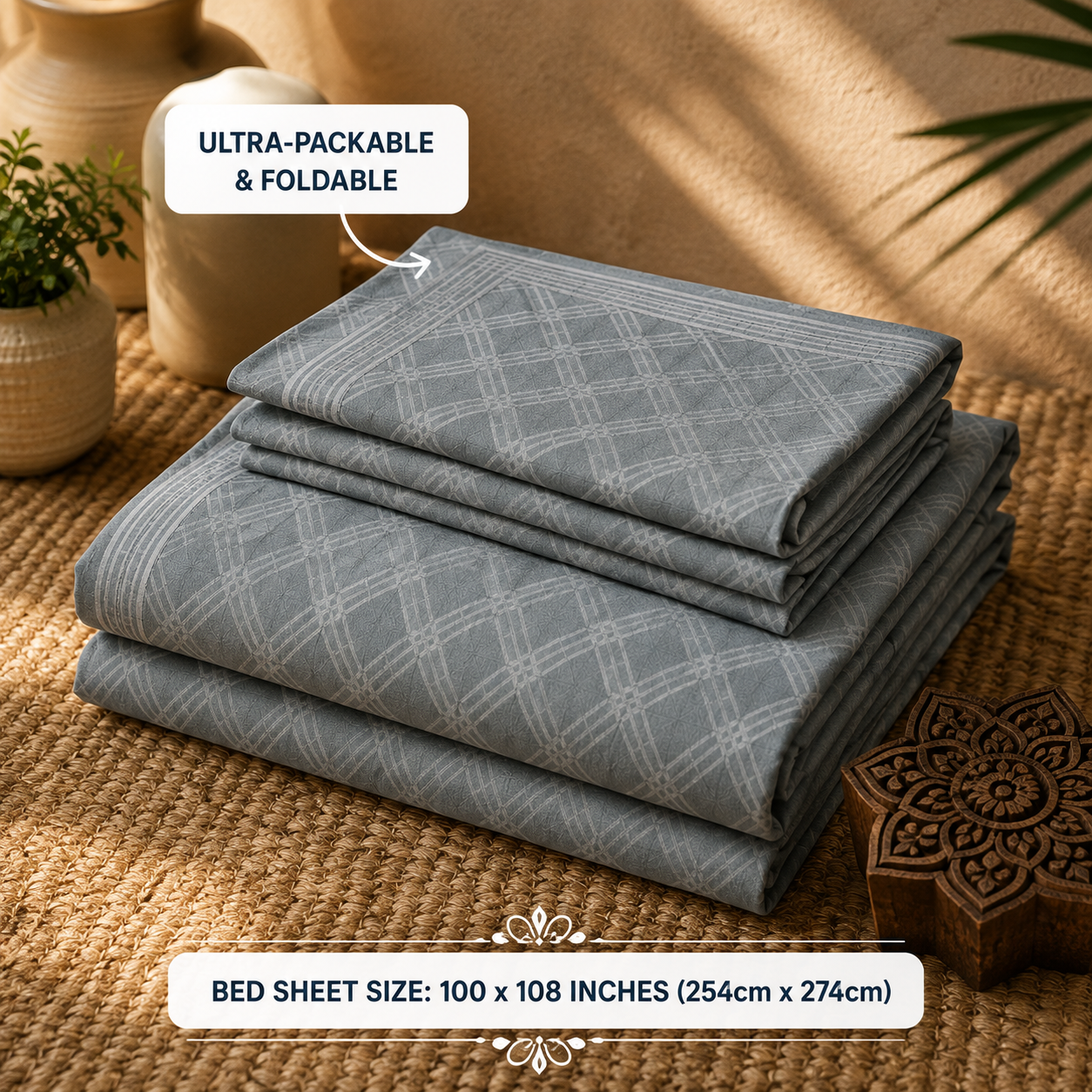 Madhavam Handlooms Slate Grey Geometric Print King Size Bedsheet Set