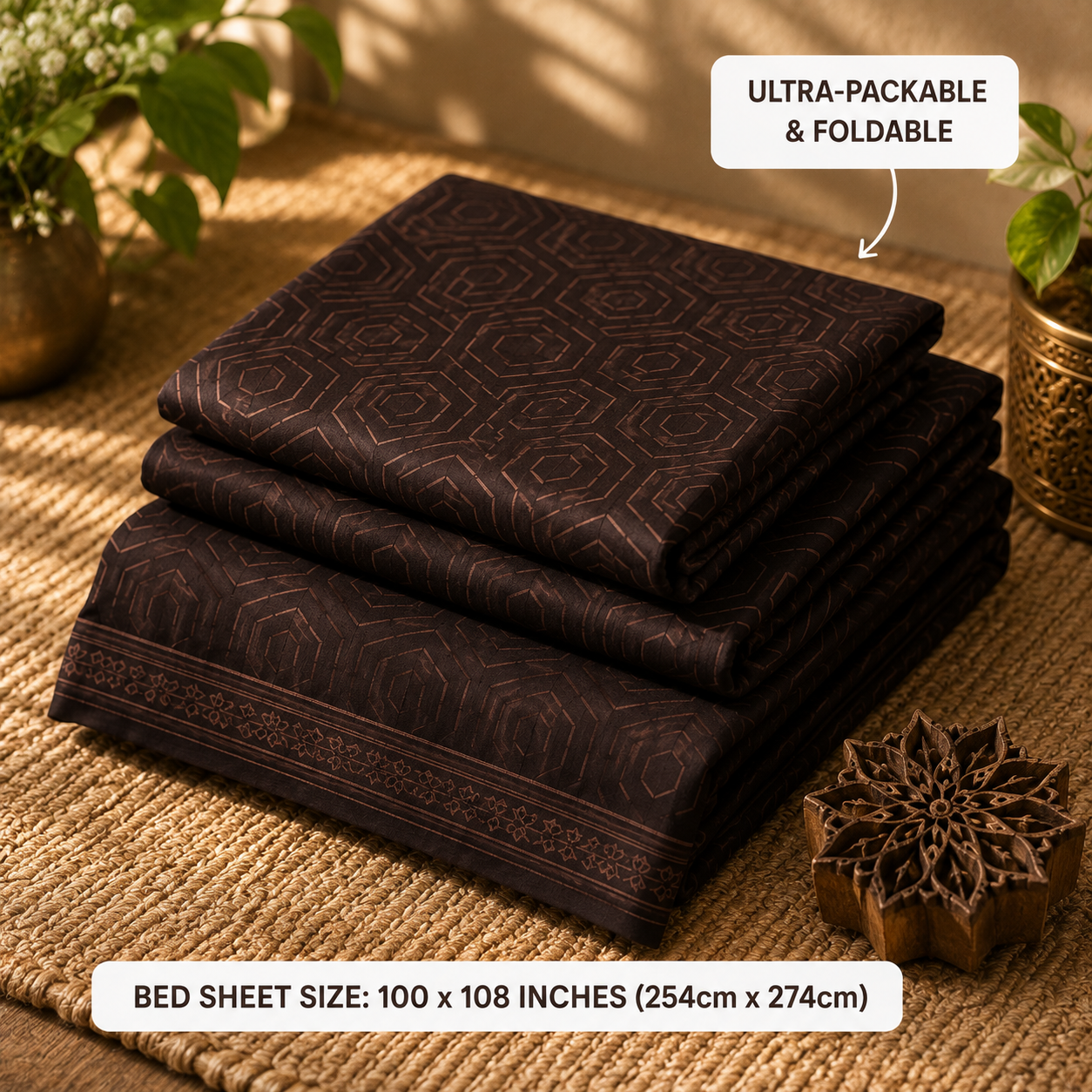 Madhavam Handlooms Brown Geometric Premium King Size Bedsheet Set