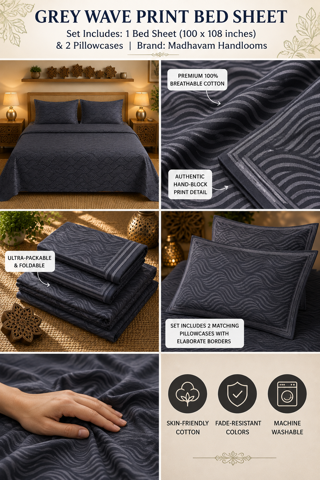 Madhavam Handlooms Charcoal Wave Pattern Premium Cotton King Size Bedsheet