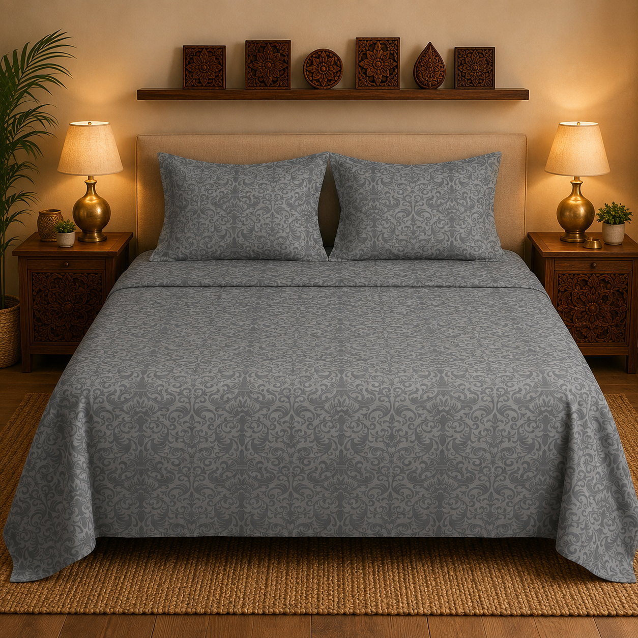 Charcoal Grey Damask Handloom King Bedsheet Set | Luxury Sanganeri Collection
