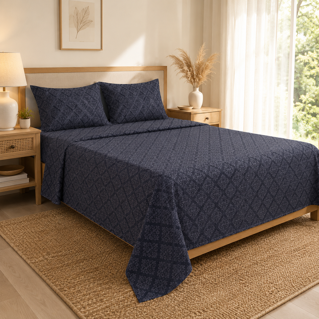 Navy Blue Diamond Handloom King Bedsheet Set | Contemporary Sanganeri Collection
