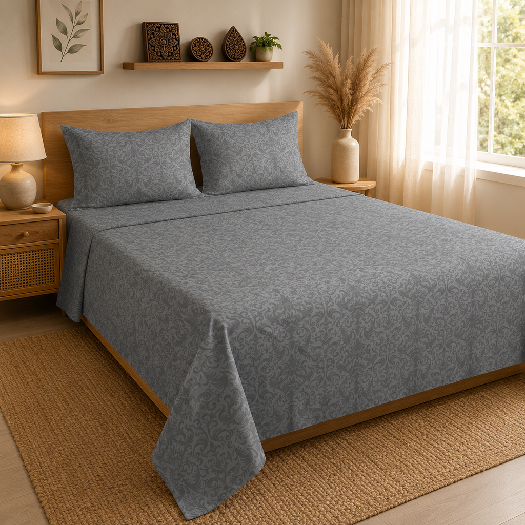 Charcoal Grey Damask Handloom King Bedsheet Set | Luxury Sanganeri Collection