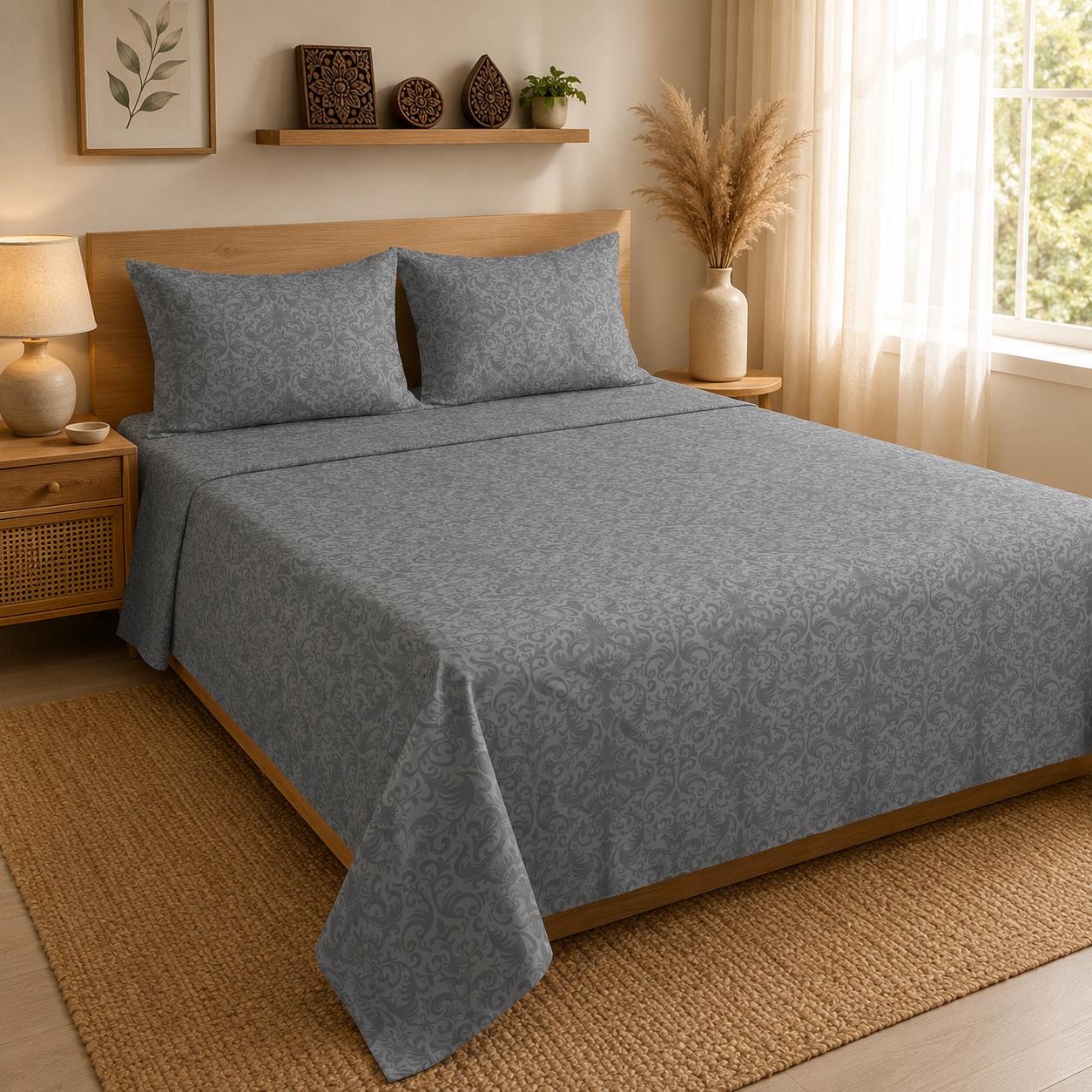 Charcoal Grey Damask Handloom King Bedsheet Set | Luxury Sanganeri Collection