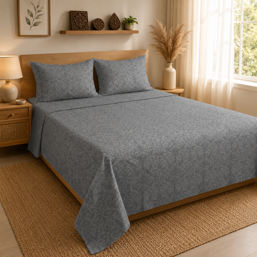 Charcoal Grey Damask Handloom King Bedsheet Set | Luxury Sanganeri Collection