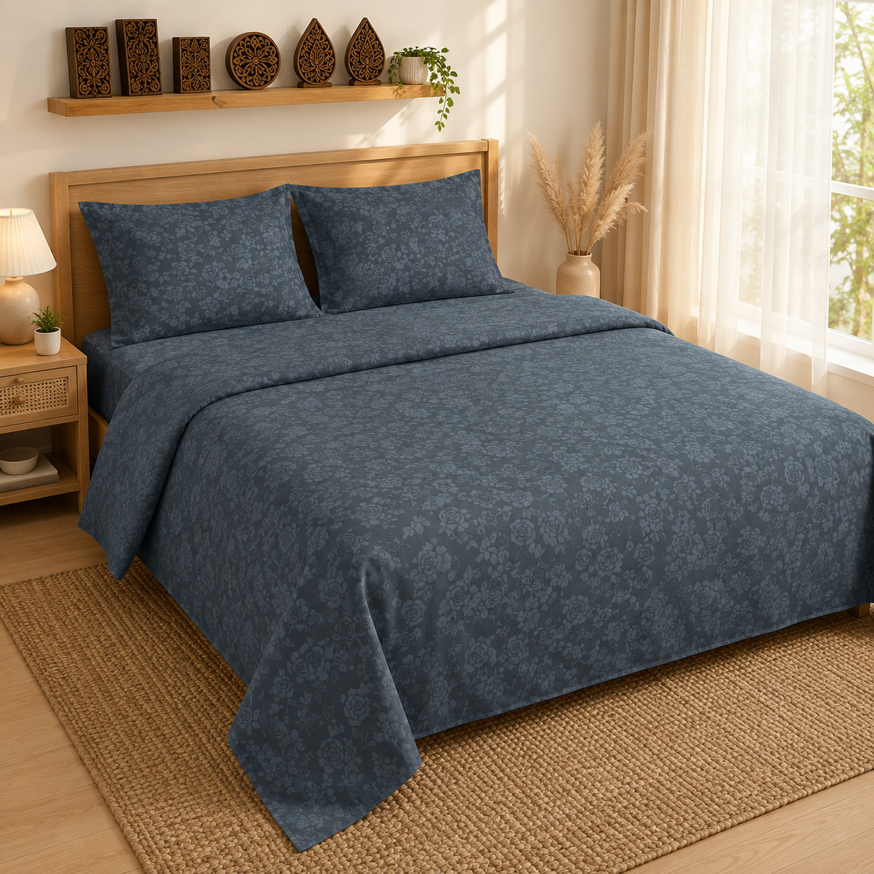 Slate Blue Floral Handloom King Bedsheet Set | Traditional Sanganeri Collection