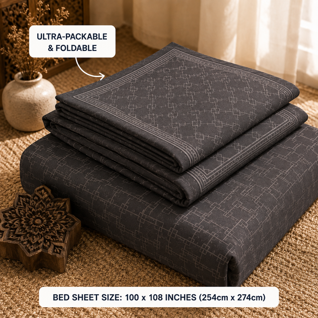 Madhavam Handlooms Charcoal Grey Geometric Print King Size Bedsheet