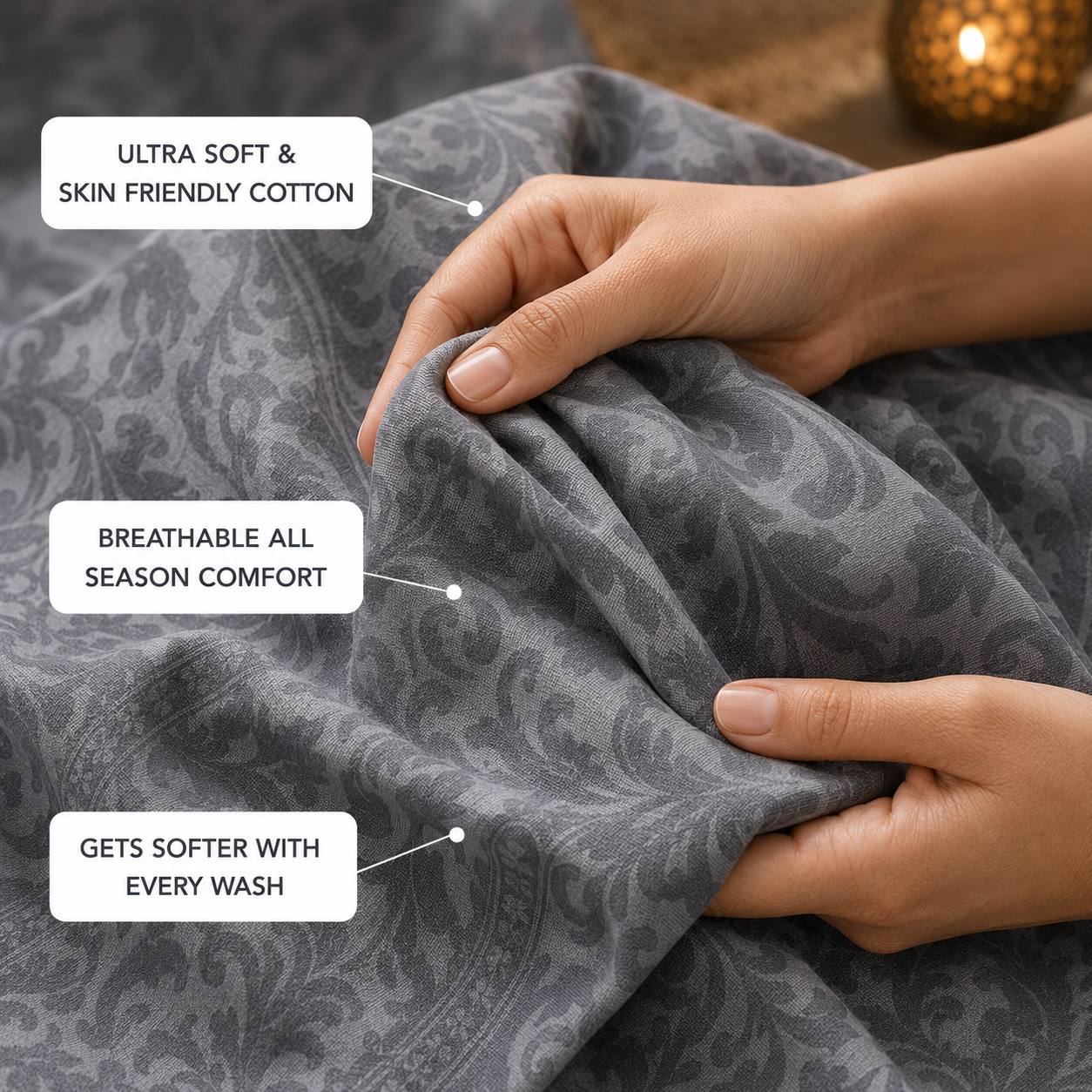 Charcoal Grey Damask Handloom King Bedsheet Set | Luxury Sanganeri Collection