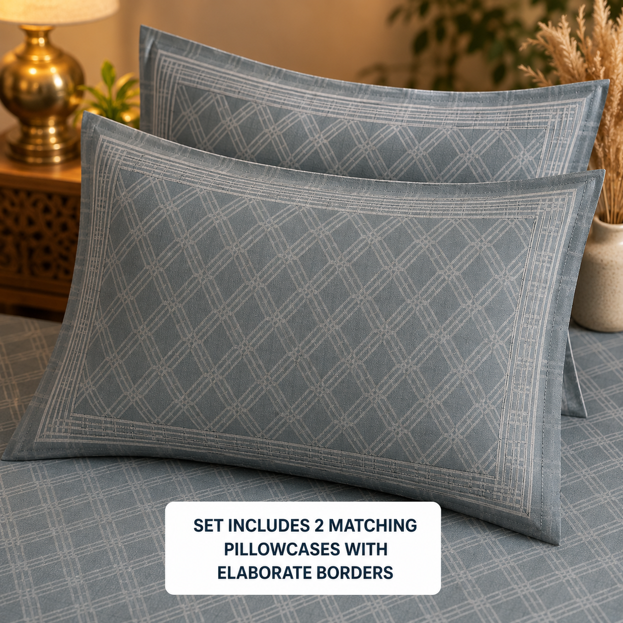 Madhavam Handlooms Slate Grey Geometric Print King Size Bedsheet Set