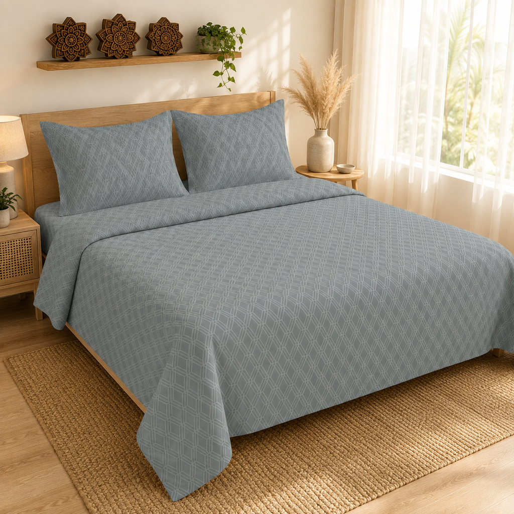 Madhavam Handlooms Slate Grey Geometric Print King Size Bedsheet Set