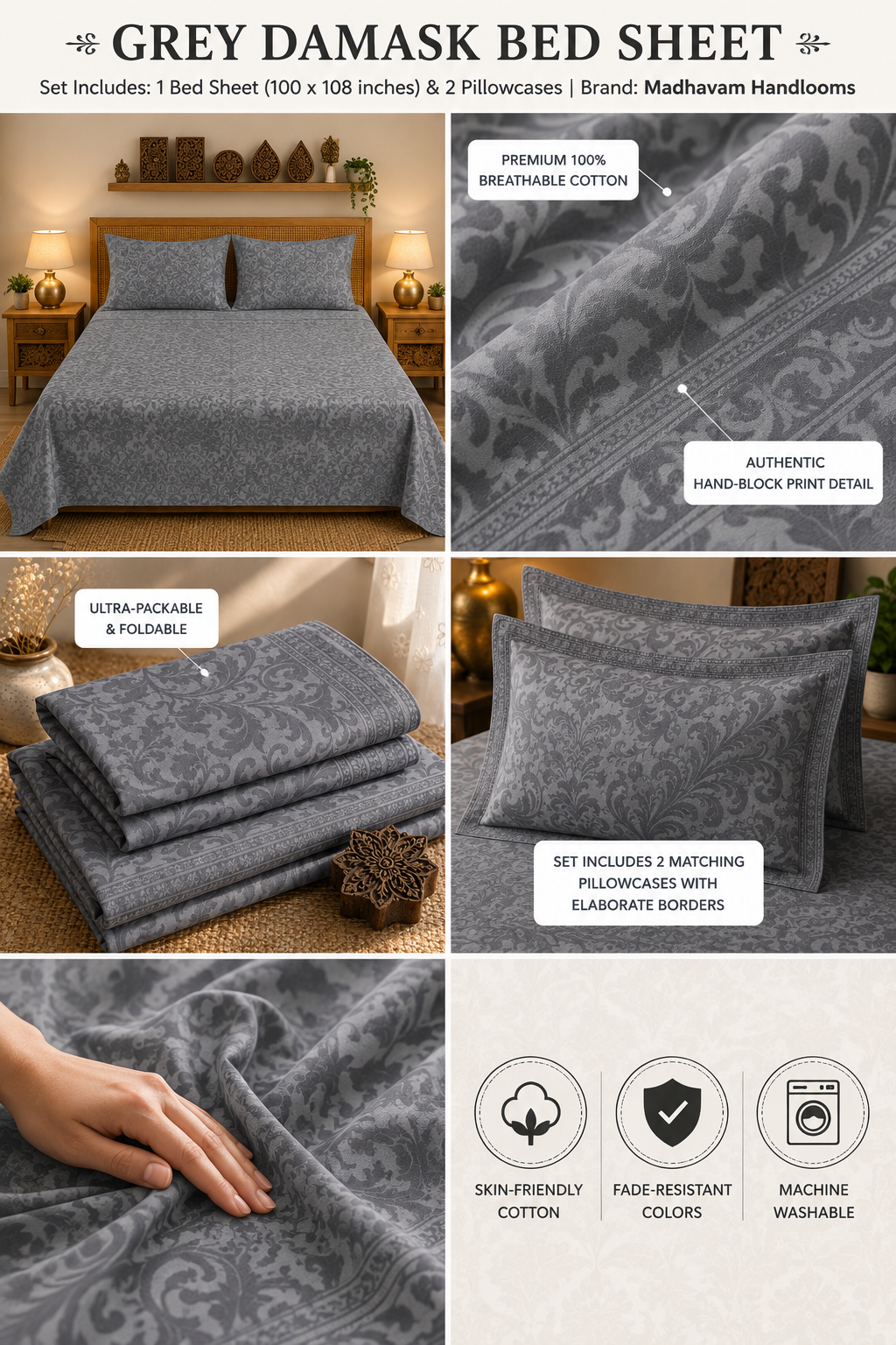 Charcoal Grey Damask Handloom King Bedsheet Set | Luxury Sanganeri Collection