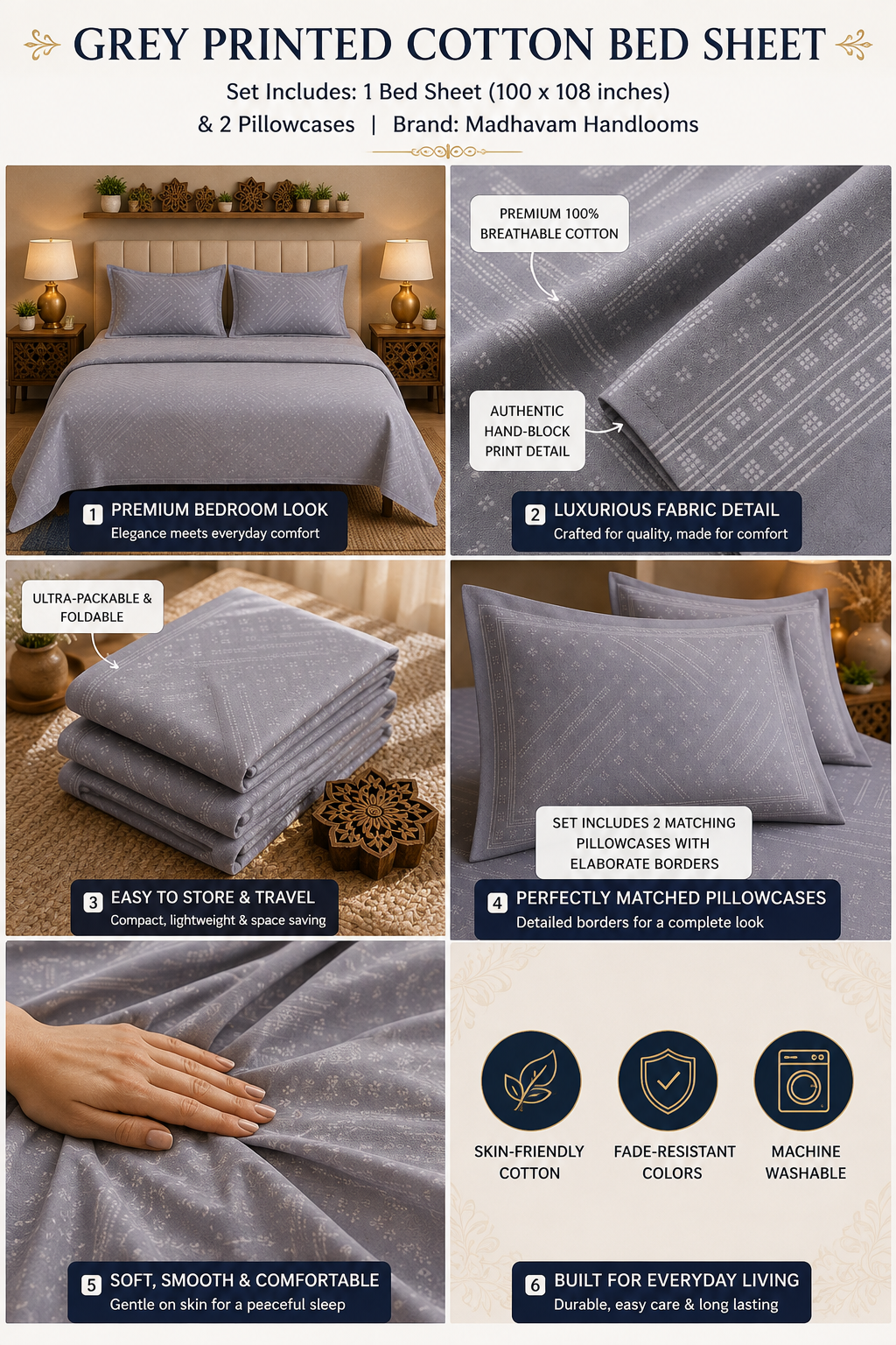 Madhavam Handlooms Elegant Grey Geometric Printed King Size Bedsheet Set